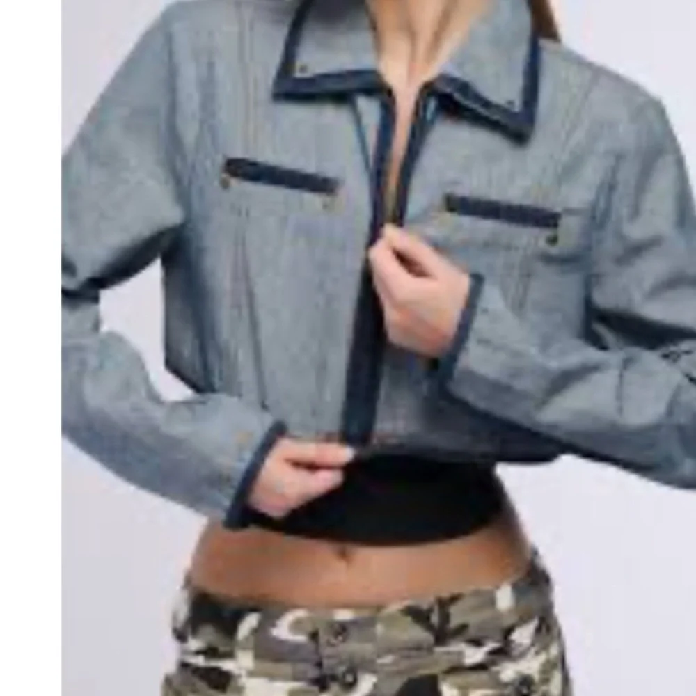 Cropped Light Denim Jacket with Dark Trim - Women's Jean Jacket - Picture 1 of 7